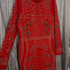 Red Studded Long Sleeve Dress